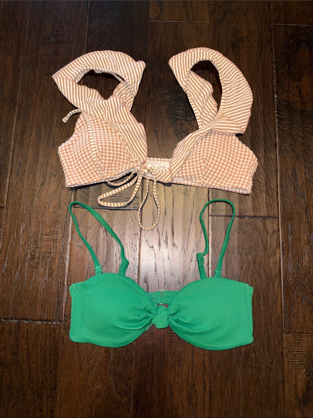Aerie Striped Peach Bikini Top & Green Knot Bikini Top - Peach, Green Small